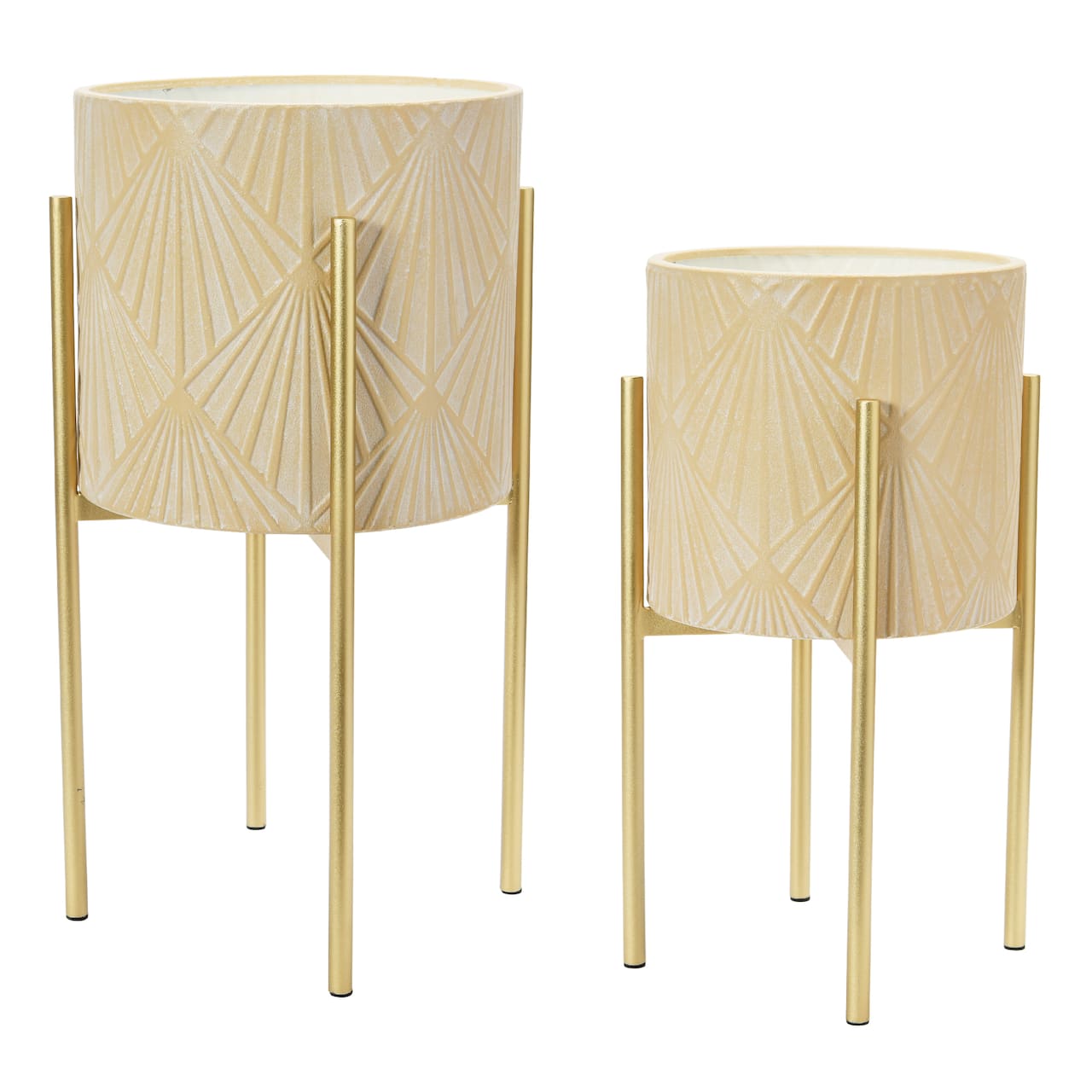 Hello Honey® Cream & Gold Boho Embossed Metal Planters with Stands Set